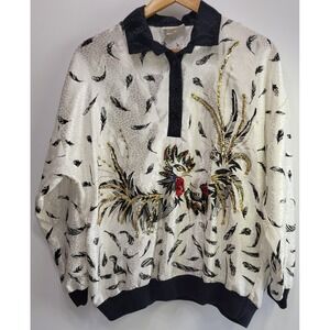 Y2K Maximalist Rooster Sequin Blouse Top Western Glam Jordana USA Vintage L/XL